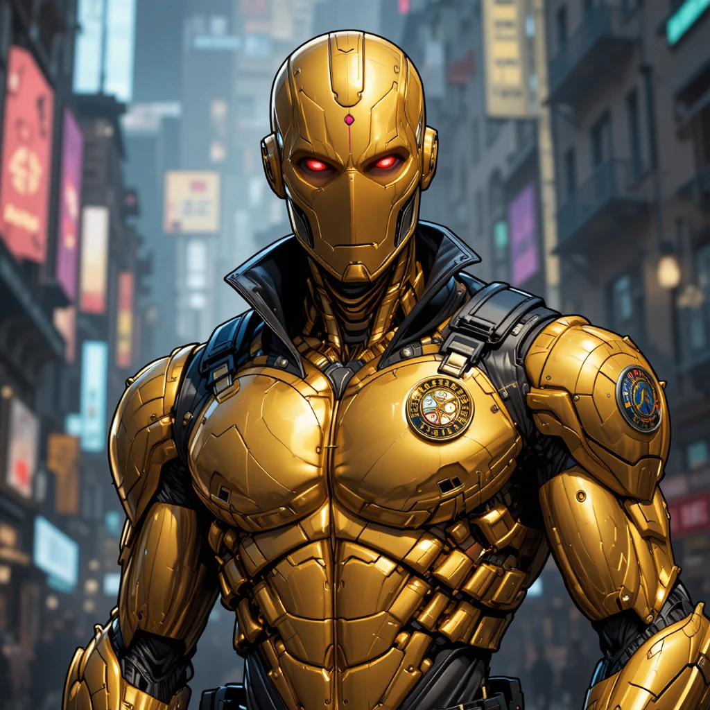 Gold plated humanoid robot vigilante in New York street
