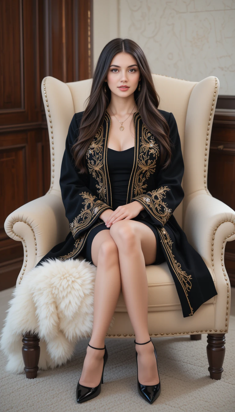 Elegant woman in black sitting in a plush armchair