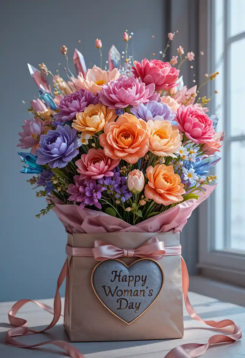 Crystal flower bouquet in gift paper bag for womens day