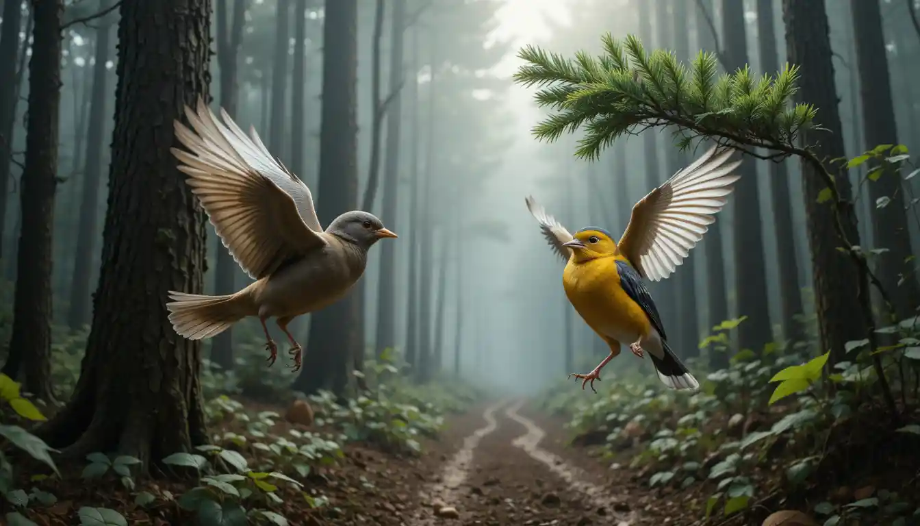 Dos pájaros en vuelo sobre un bosque entre la niebla