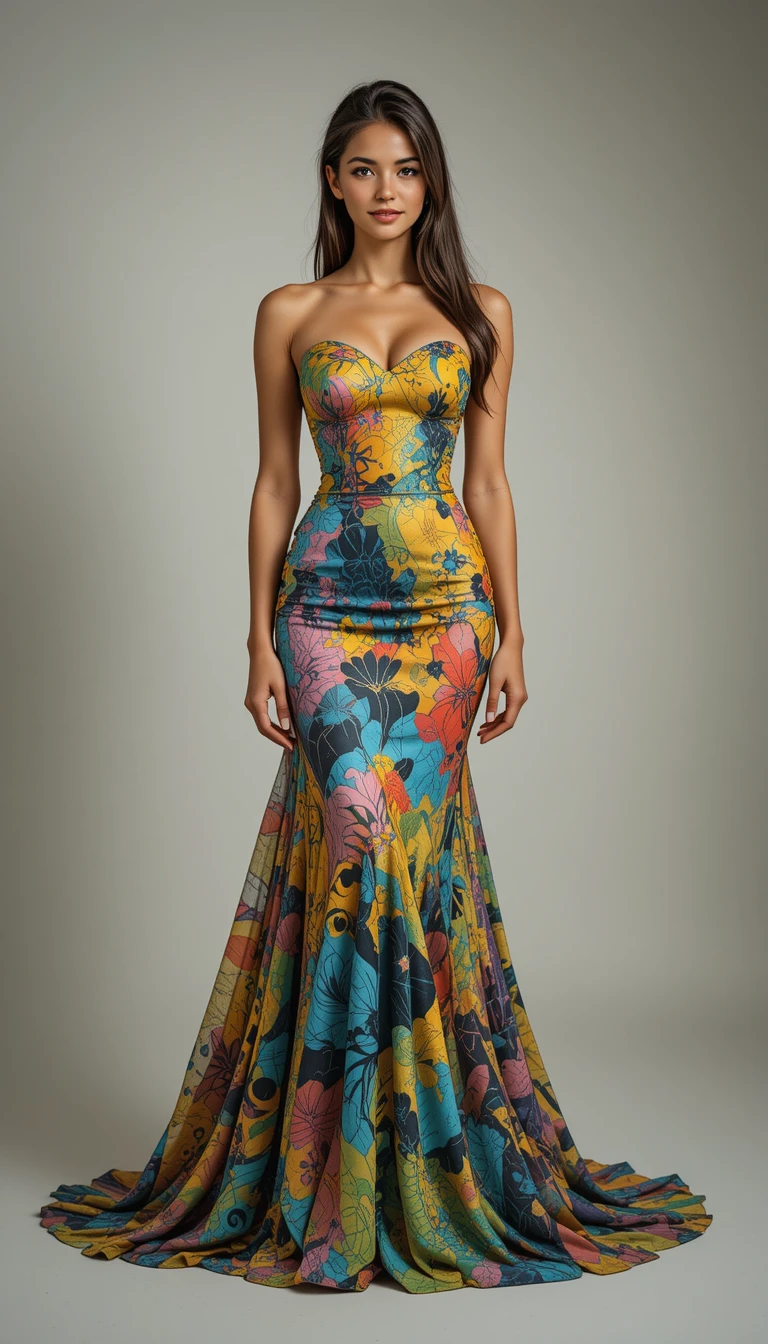 Confident young latina in turquoise off shoulder evening gown