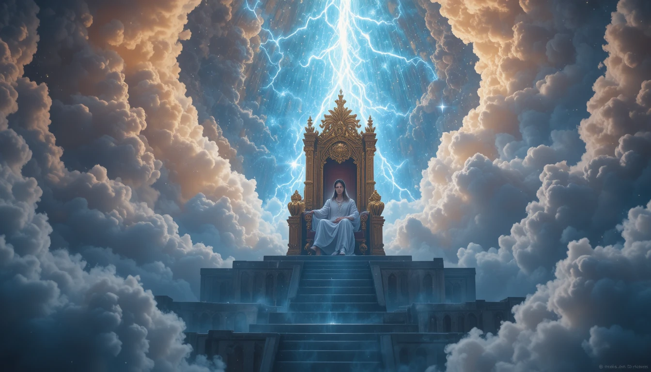 Majestic golden throne rising above luminous cosmic clouds