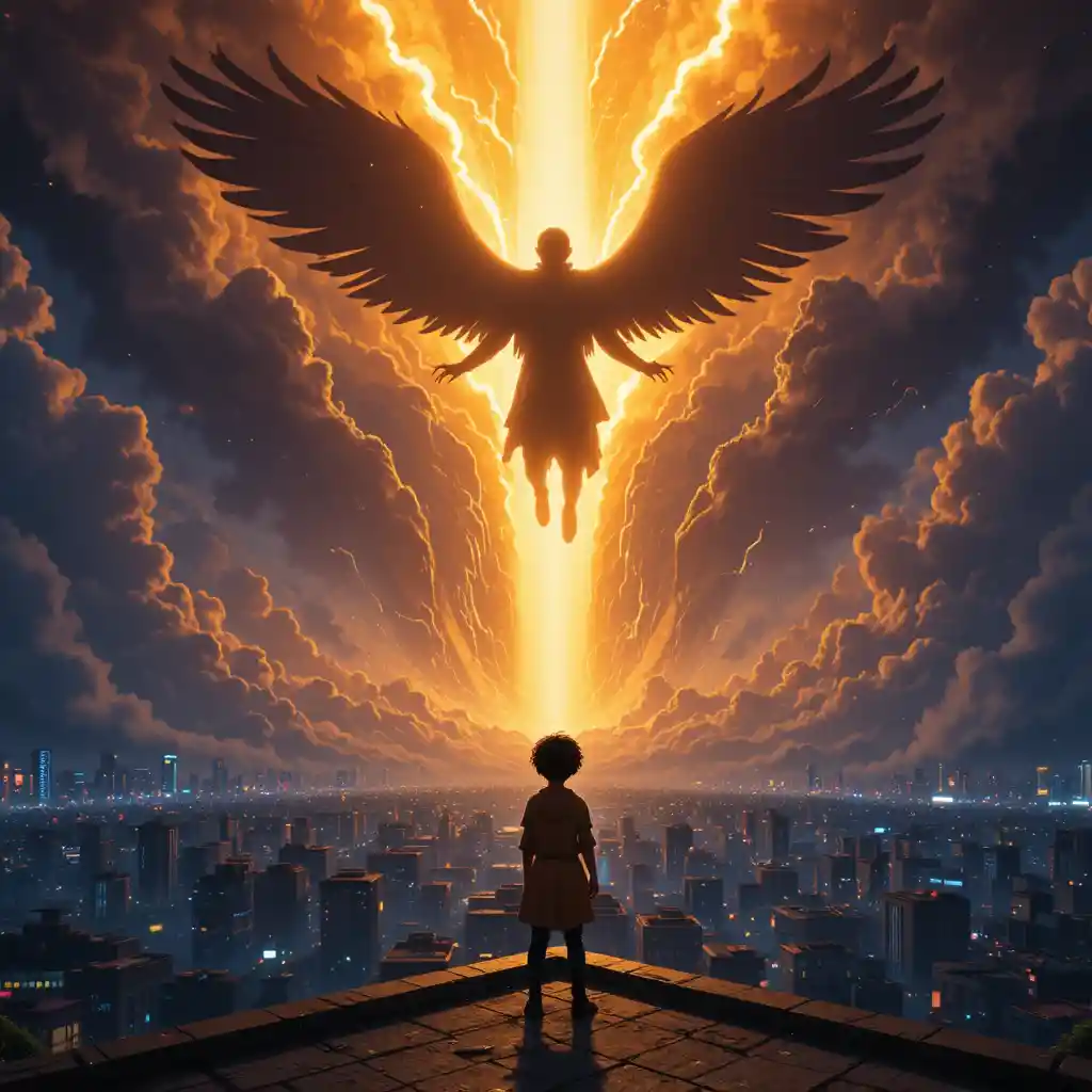Ragazzo su un tetto sotto una fenditura luminosa nel cielo