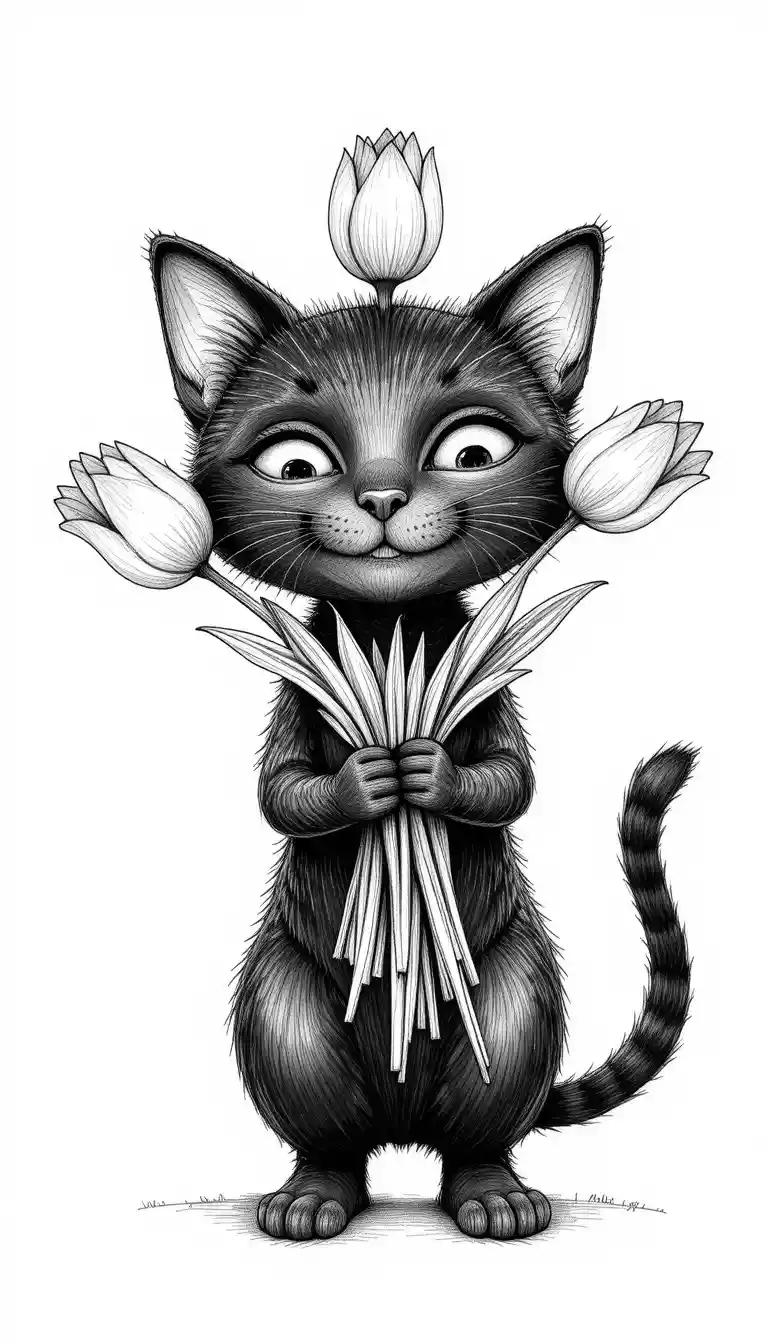 Smiling black cartoon cat holding a bouquet of tulips