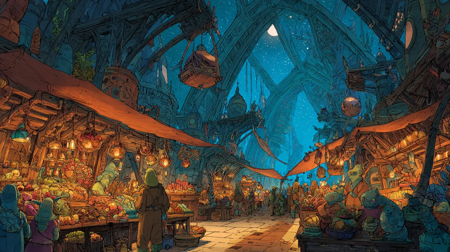 Alien marketplace under twin suns with vibrant fantasy creatures