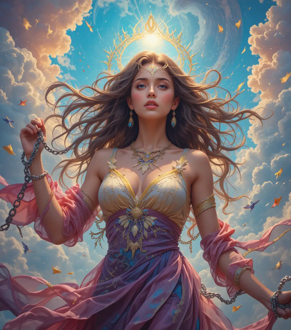 Woman breaking chains in a vibrant fantasy illustration