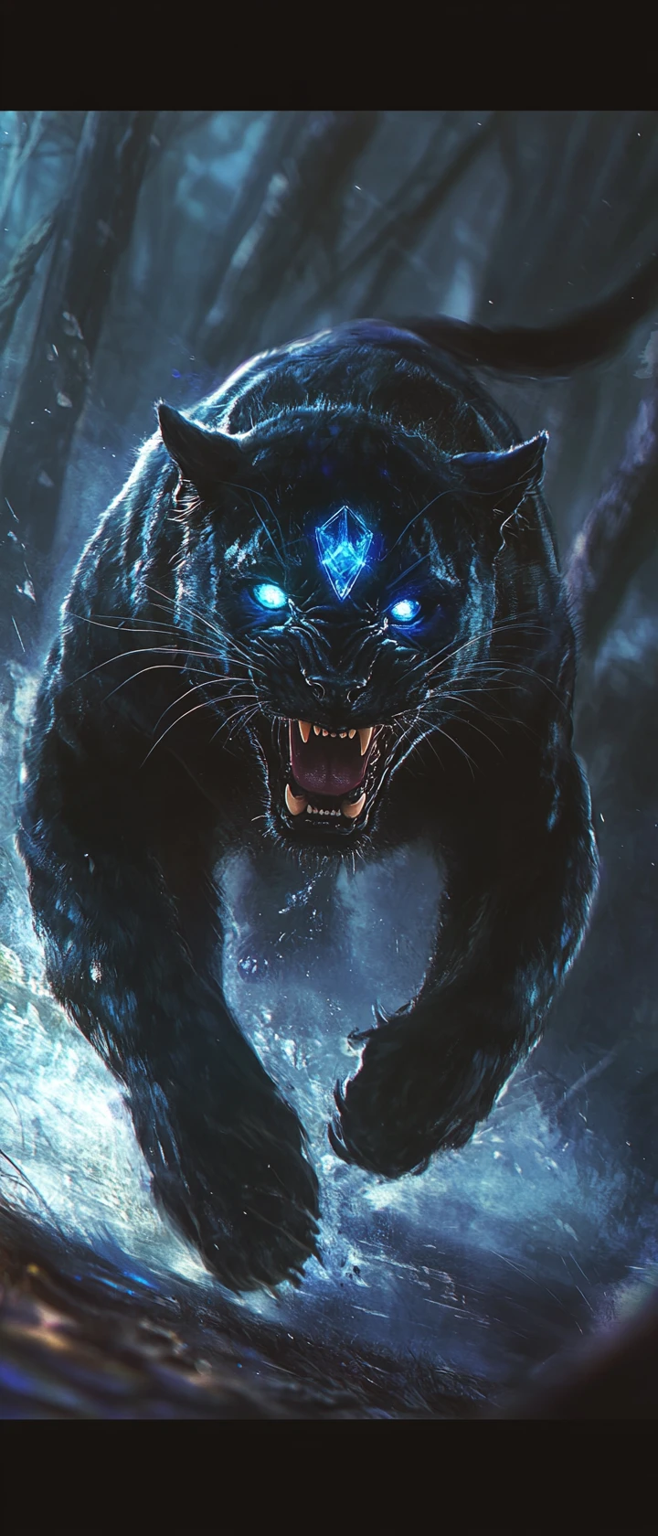 Bioluminescent Panther Snarling In A Moonlit Forest