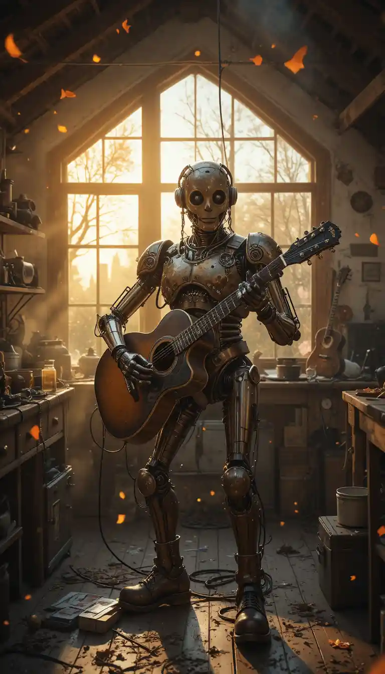 Steampunk-Roboter poliert eine Vintage-Akustikgitarre in einer Dachbodenwerkstatt