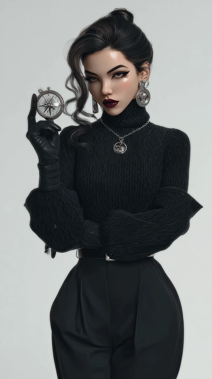 Arcane inspired woman inspecting a compass in winter fashion