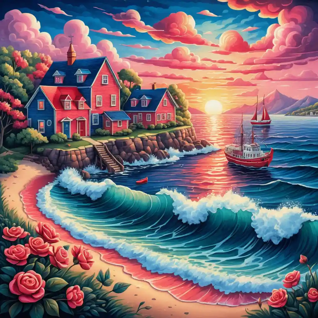 Bunte Küstenstadt bei Sonnenaufgang mit kleinem roten Schiff