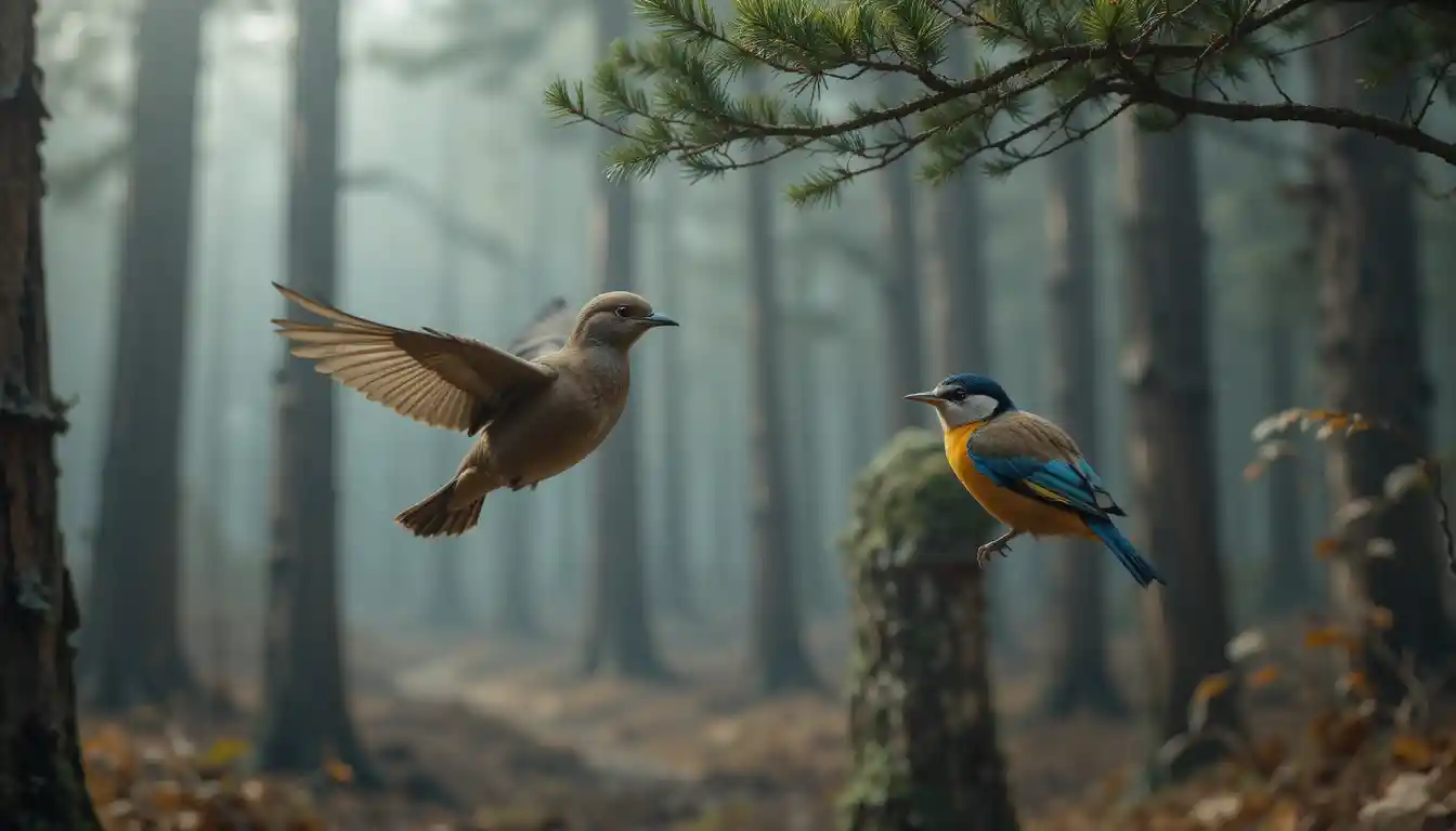 Two small birds in mid flight over a misty forest path
