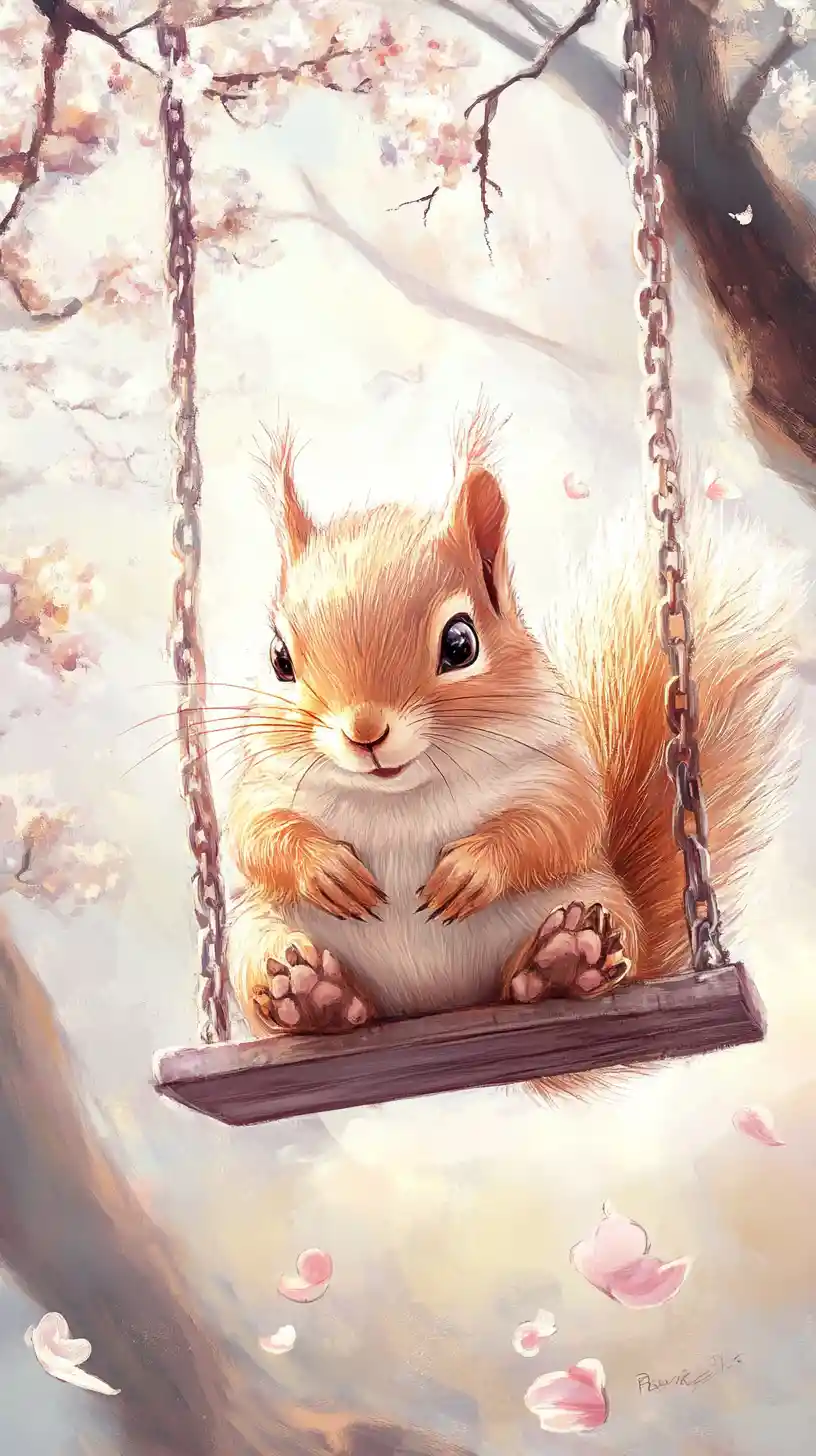 Cute squirrel on a swing in a dreamy forest illustration