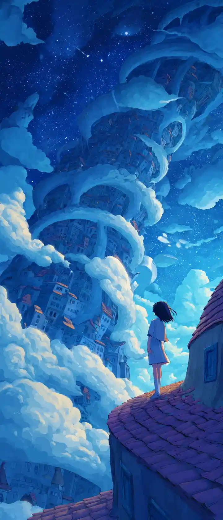 Anime girl holding a glowing star above whimsical clouds