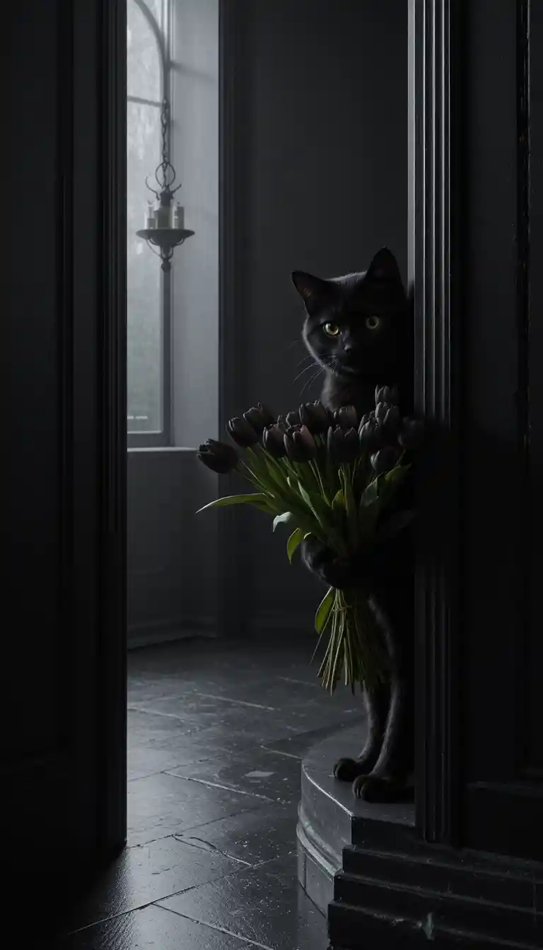Gato negro con tulipanes que emerge de un rincón oscuro