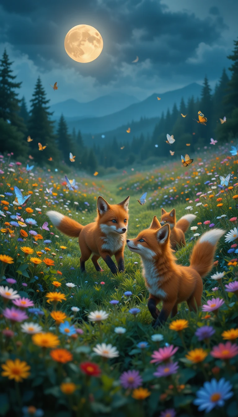 Playful fox kits chasing in a moonlit flower meadow