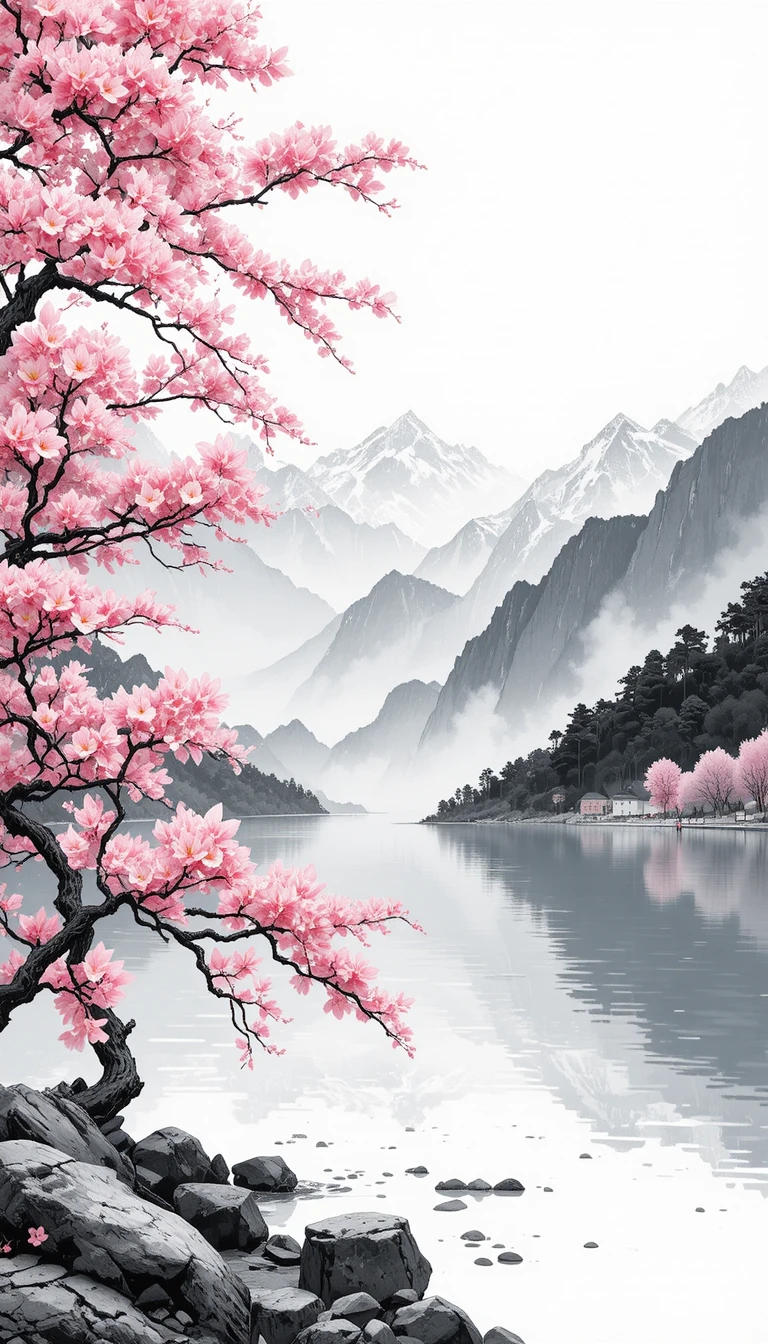 寧靜湖畔與遠山相伴的櫻花