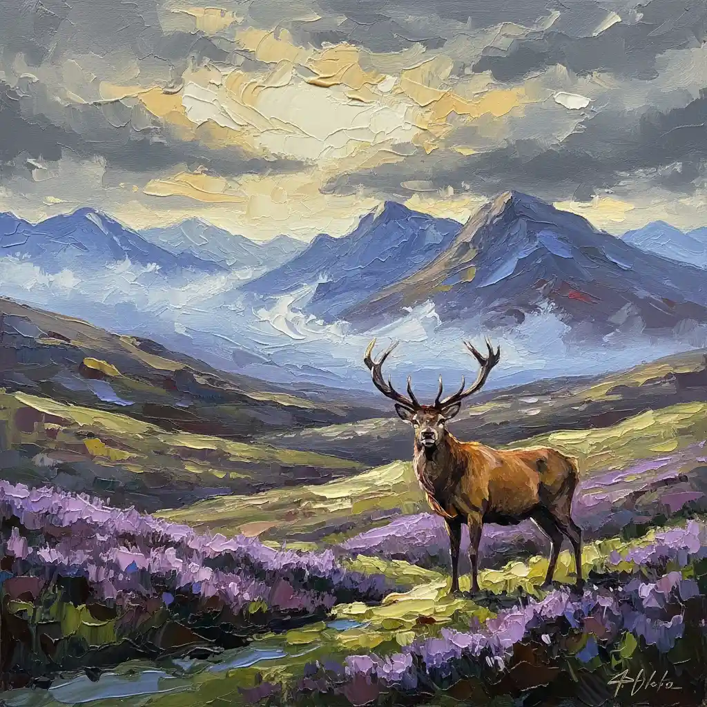 Majestic stag in a Scottish Highland sunrise oil painting