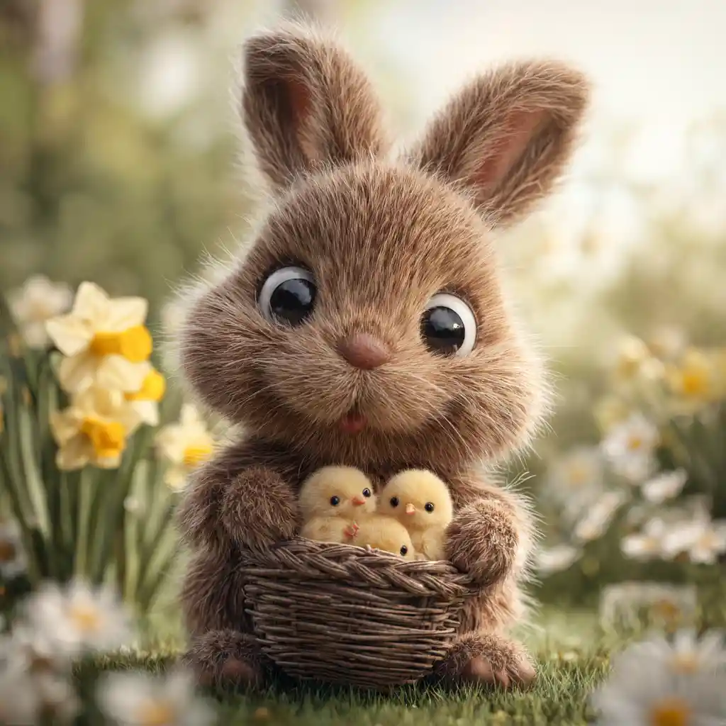 Cute rabbit holding nest of chicks in spring meadow