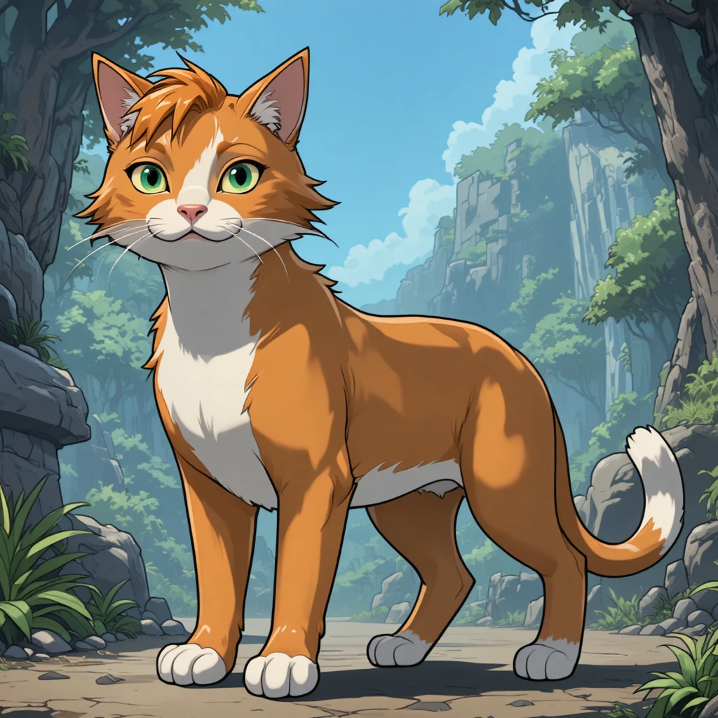 Animated orange and white cat in a wild jungle setting