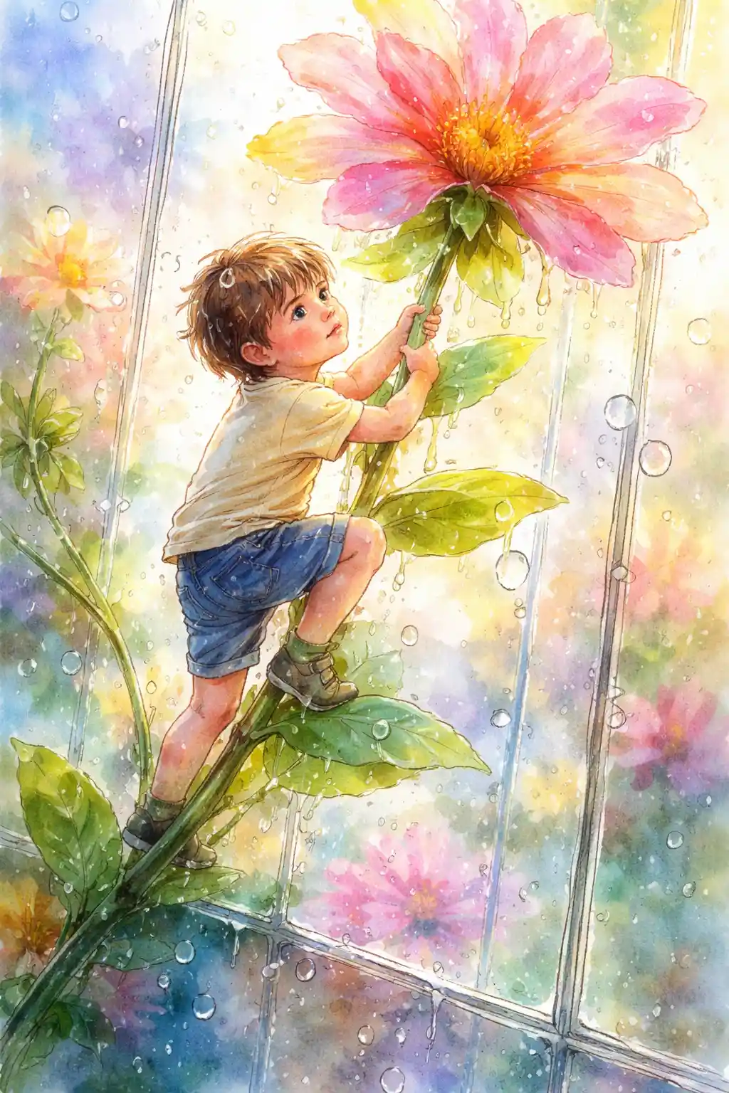 Watercolor child climbing a giant blooming flower