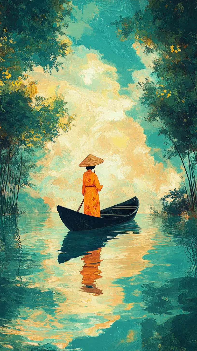 Man In Boat On Turquoise River With Lush Trees