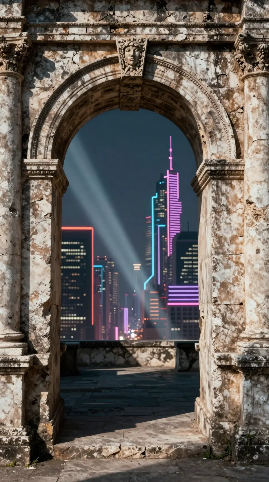 Arco de piedra antiguo que se abre a una ciudad futurista de neón