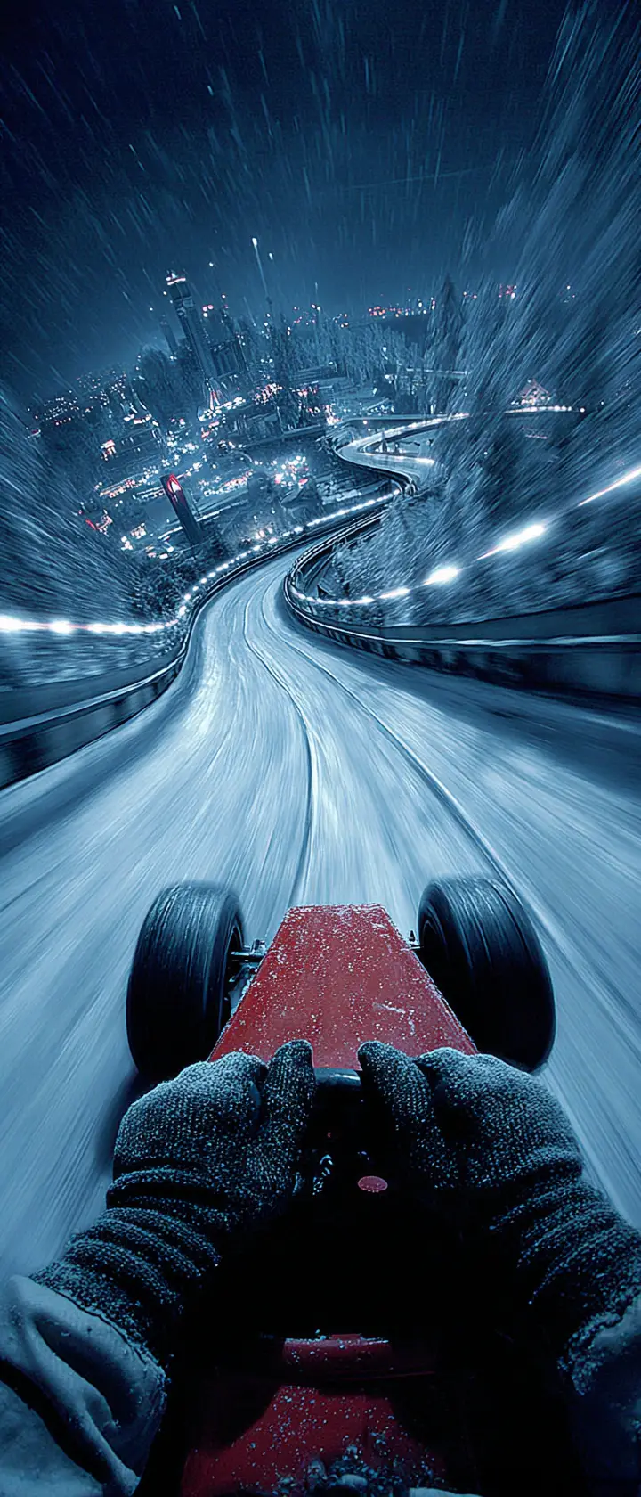 First person ride on a red sled down icy track