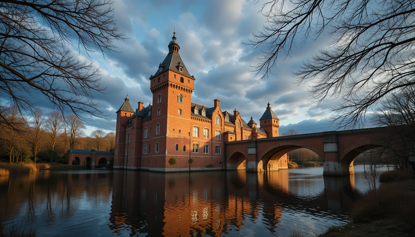 Majestuoso castillo de ladrillo reflejado en un foso de agua tranquila