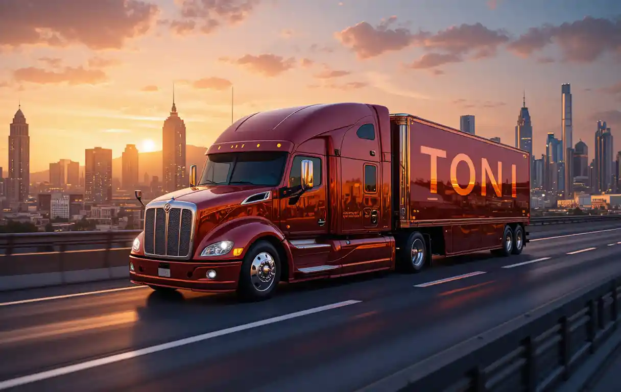 Luxury red gold truck on neon lit city highway