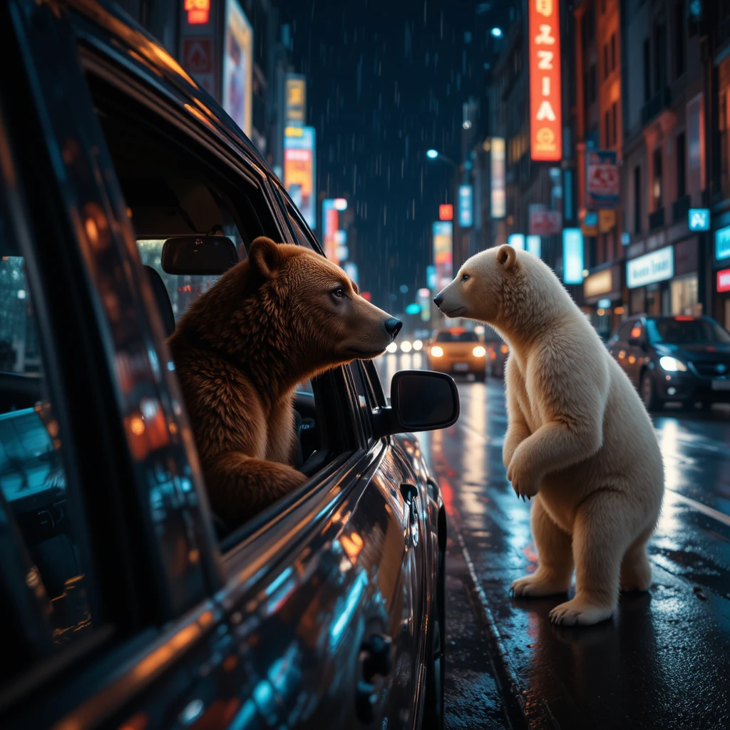 Orso bruno che viaggia in taxi nella strada cittadina notturna