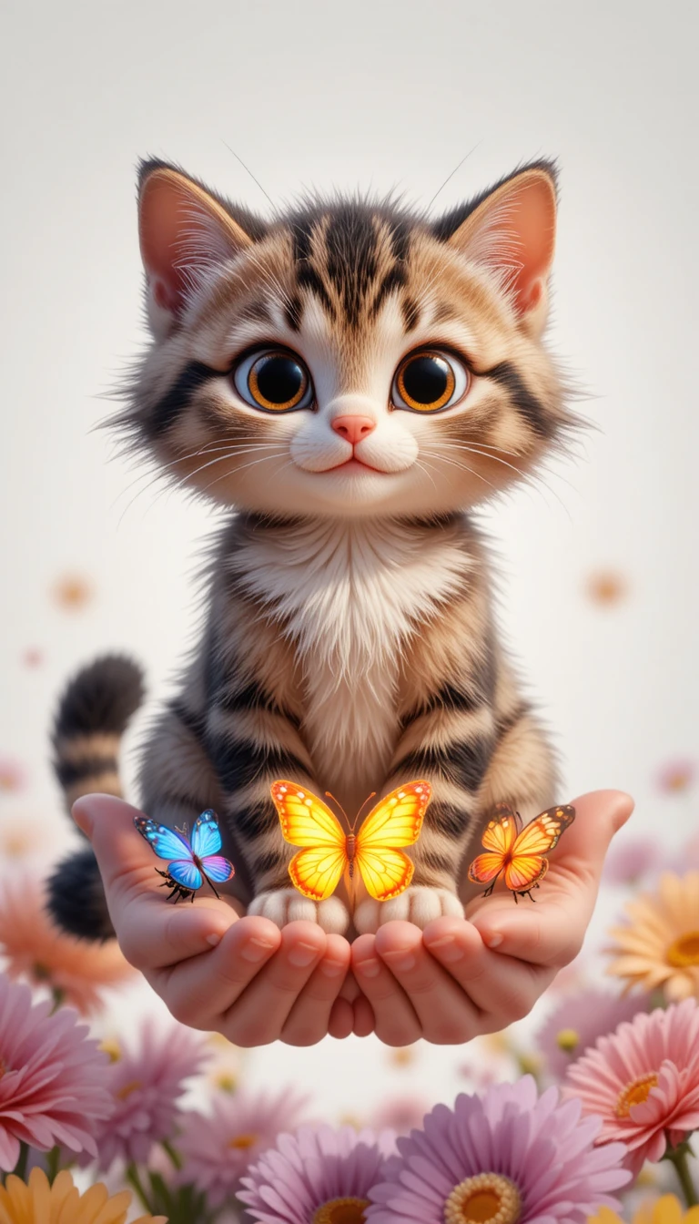 Cute 3D cartoon cat with neon butterflies and flowers