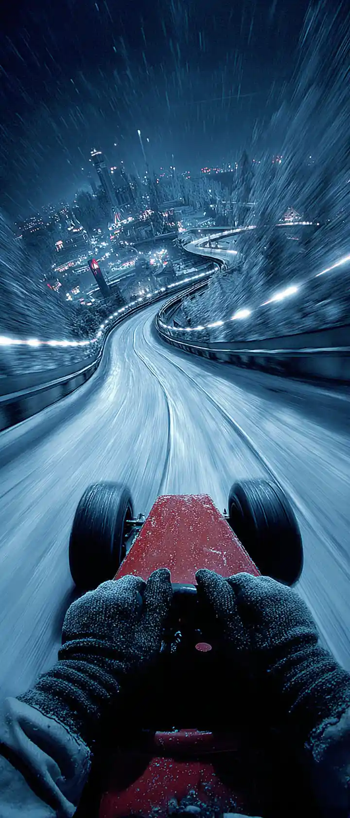 First person ride on a red sled down icy track
