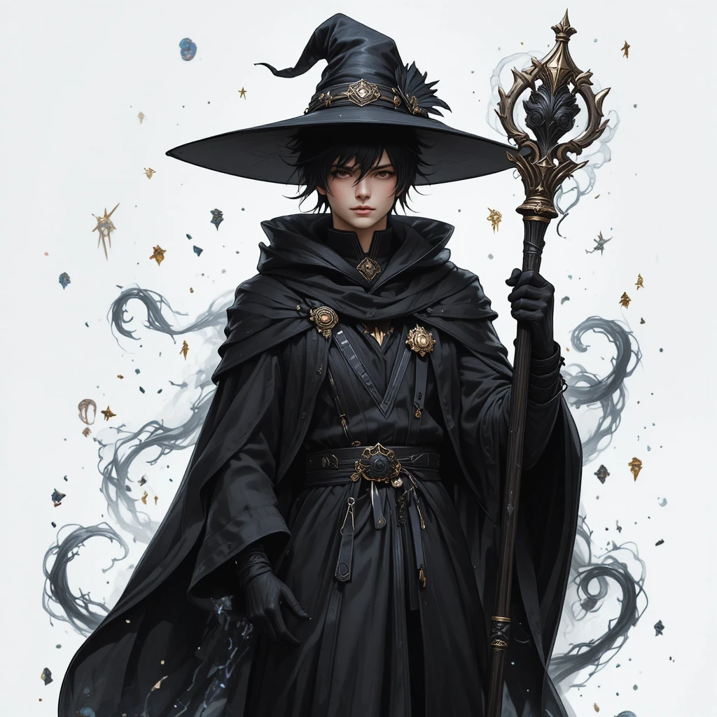 年輕黑暗魔法師在魔法光環中施展咒語