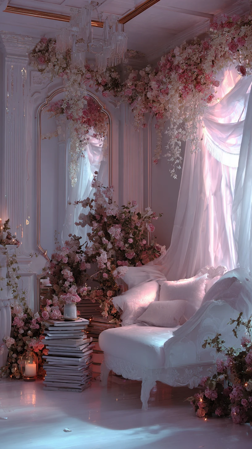Dreamy white chaise lounge in a floral bedroom, surrounded by pink roses, a stack of books, and soft curtains.