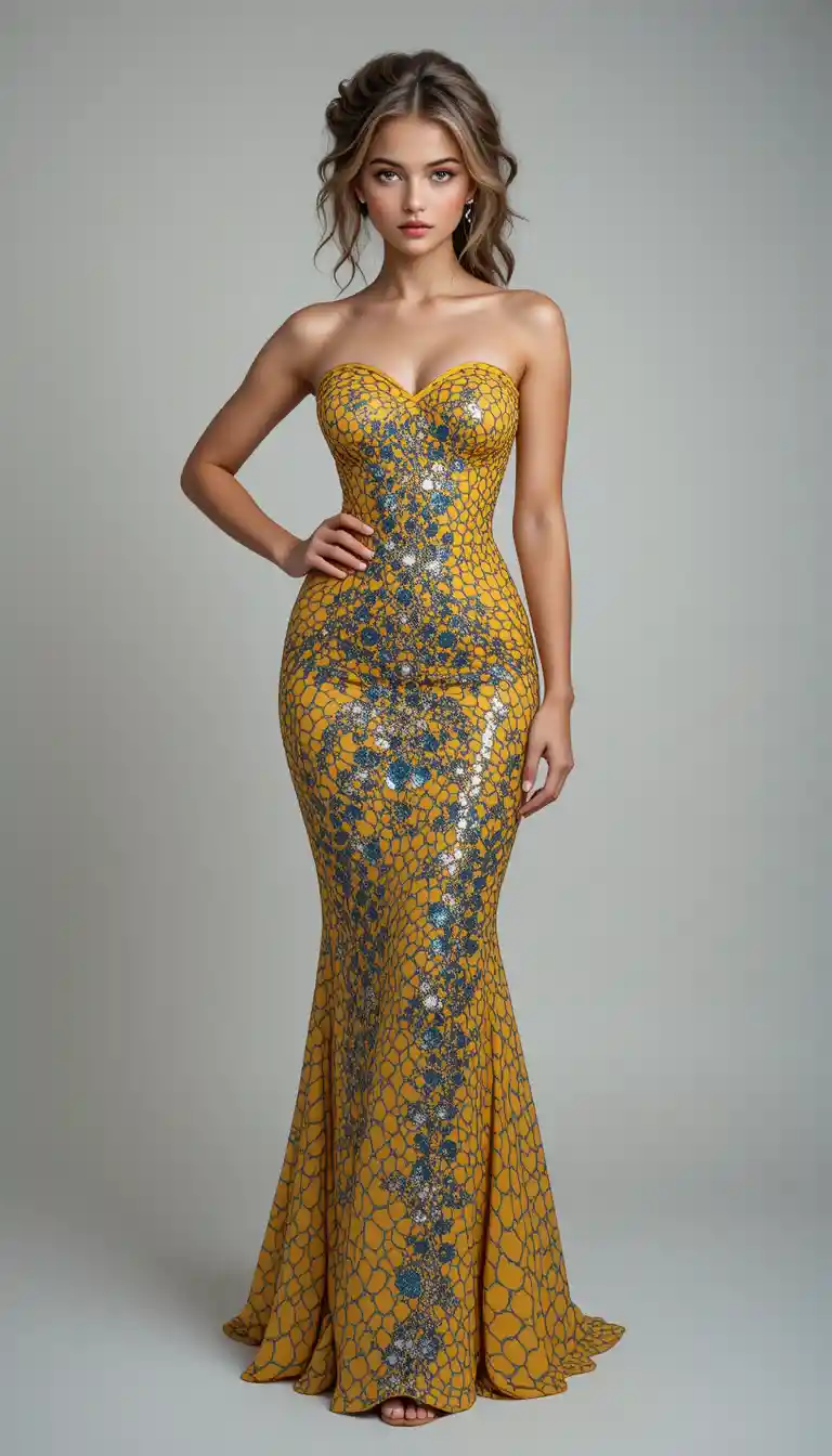 Elegant young Latina in turquoise sequin evening gown