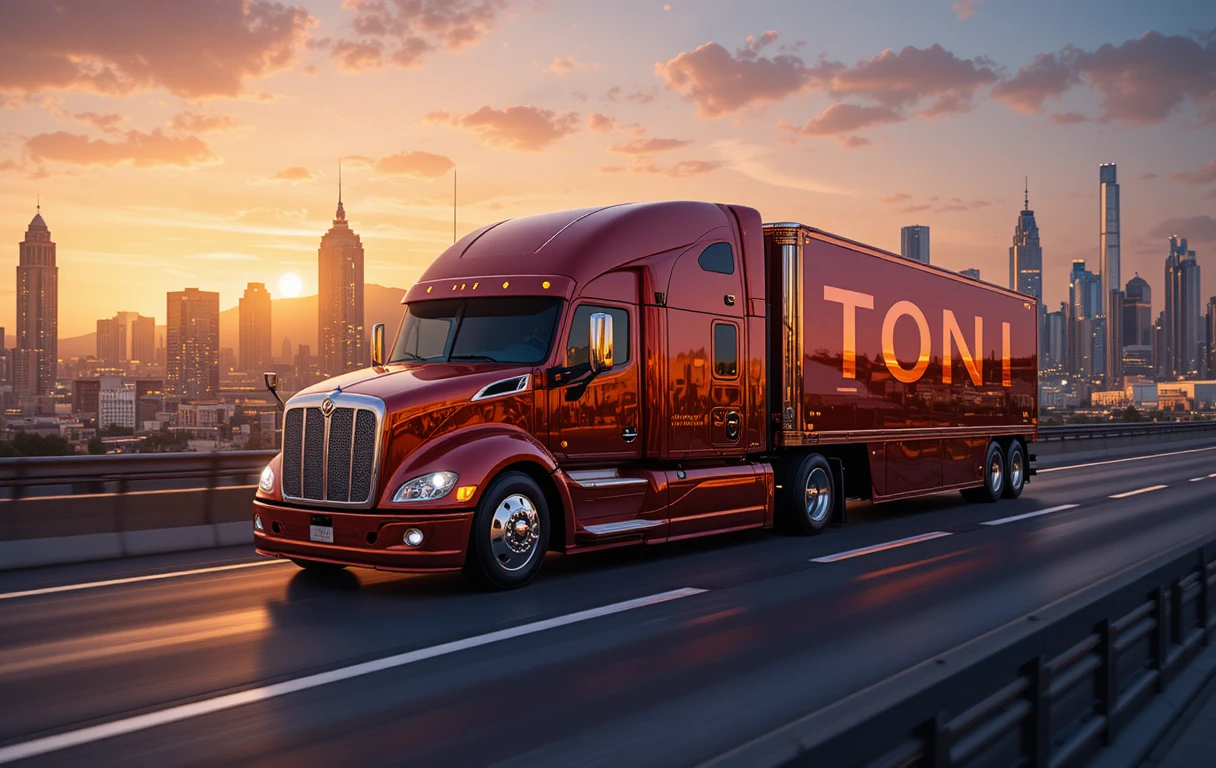 Luxury red gold truck on neon lit city highway