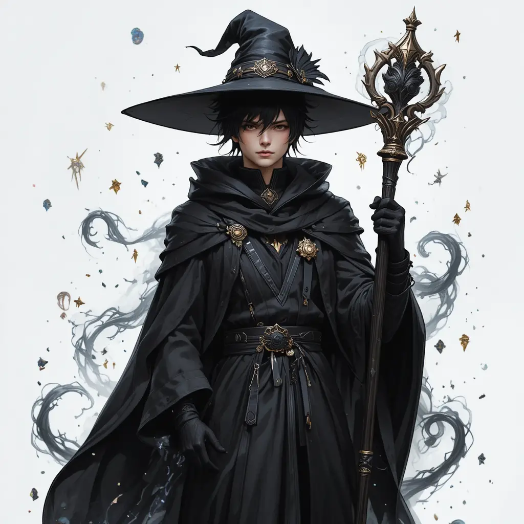 Young dark mage casting spells in a magical aura