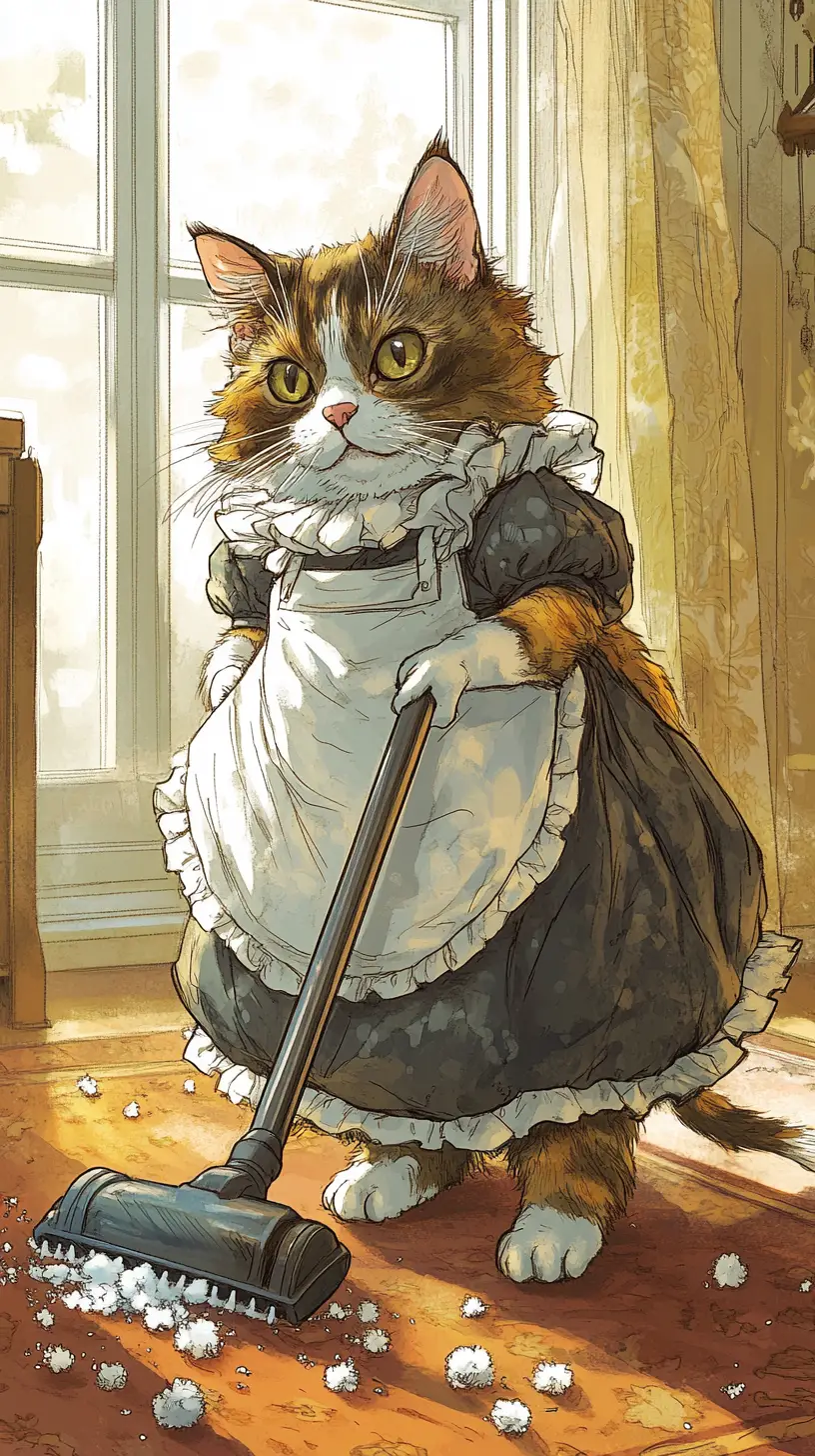 Calico Cat Maid Vacuuming In Sunlit Comic Illustration