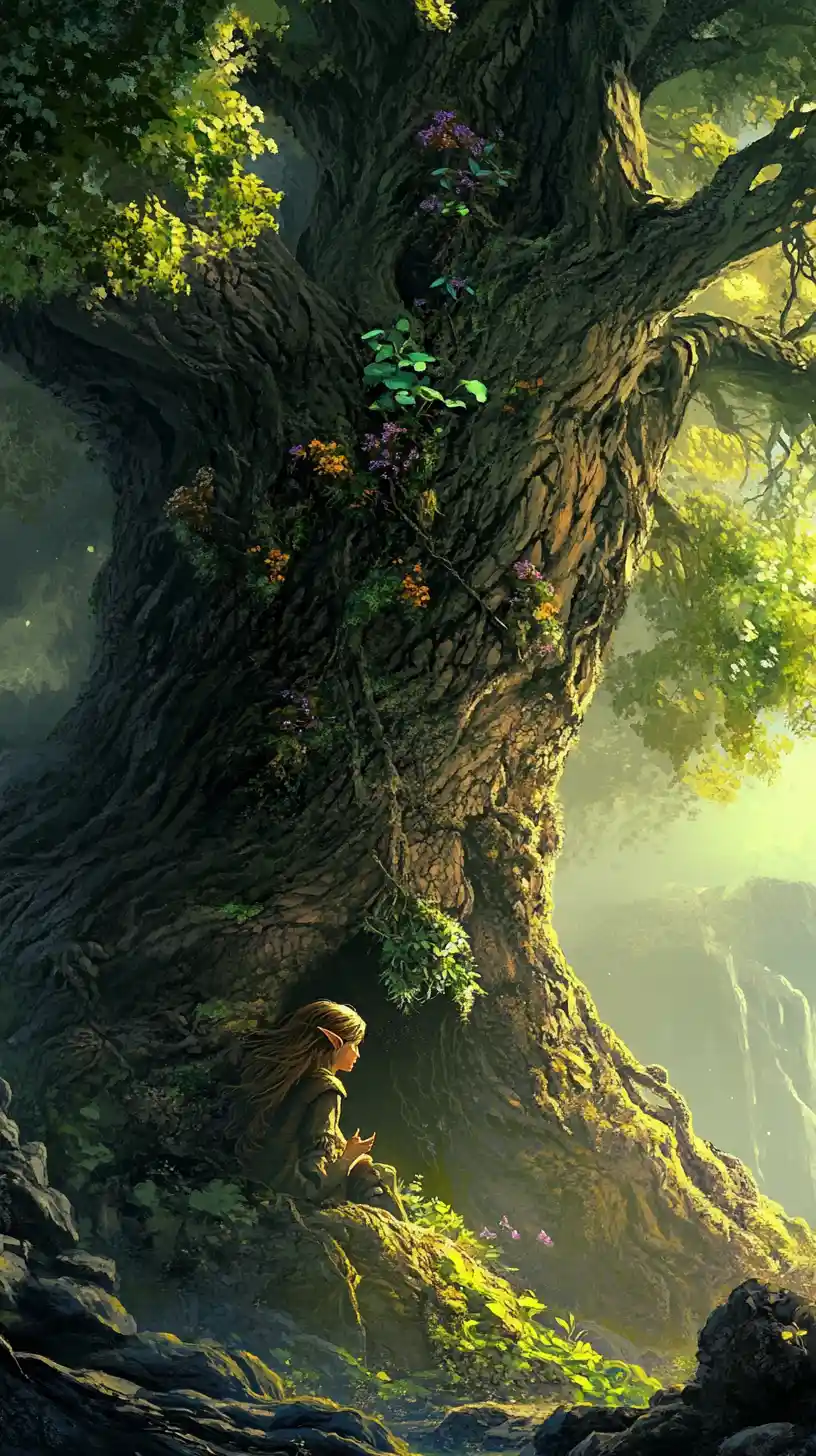 Elf Guardian Caring For A Majestic Forest Tree