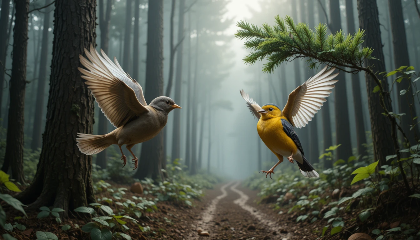 Dos pájaros en vuelo sobre un bosque entre la niebla