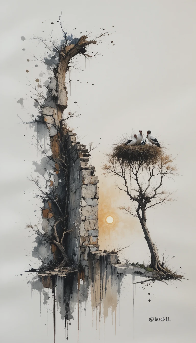 Aquarell-Störche auf einem krummen Baum bei Sonnenaufgang