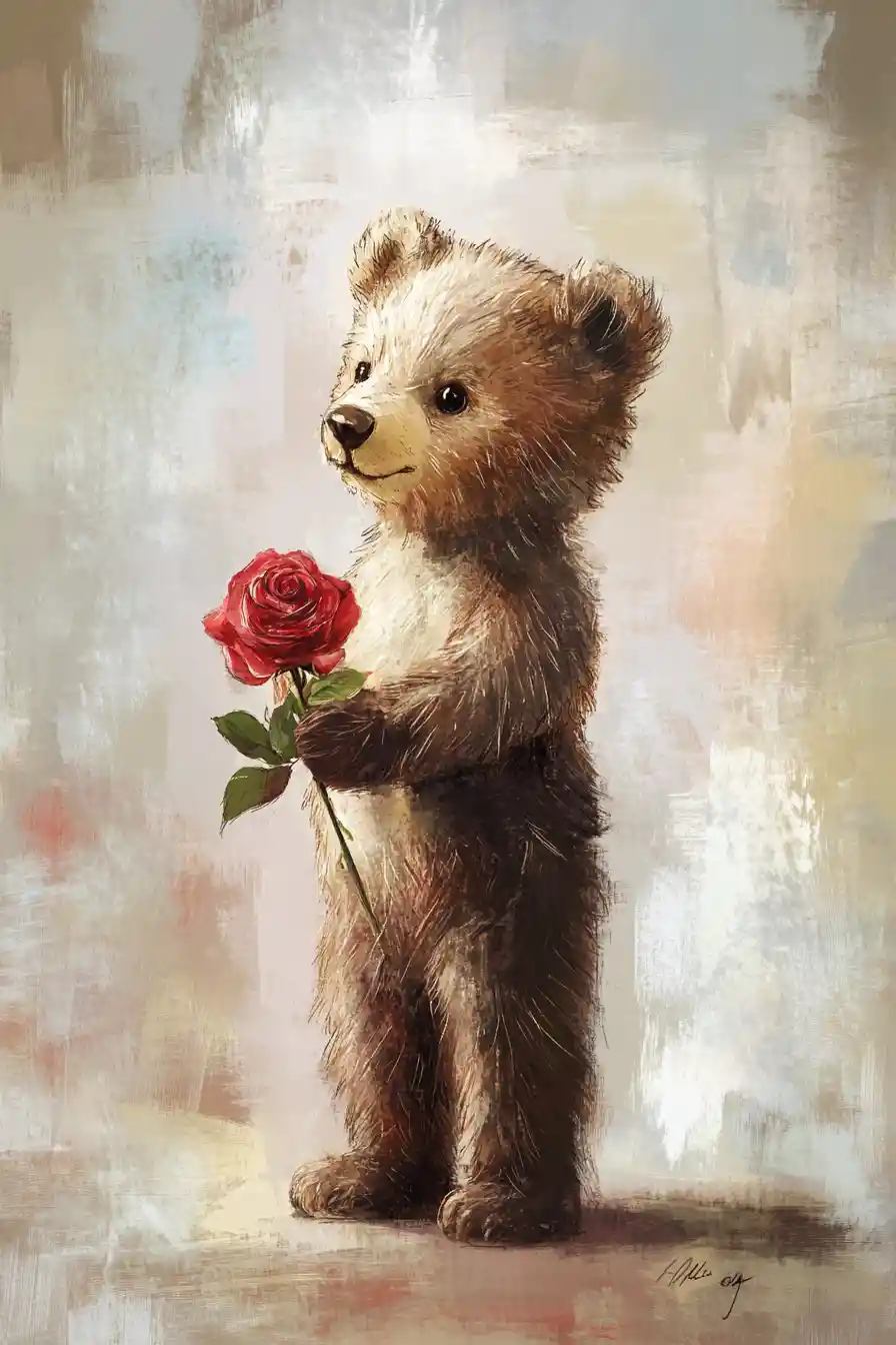 Shy fluffy bear hiding a rose in the park