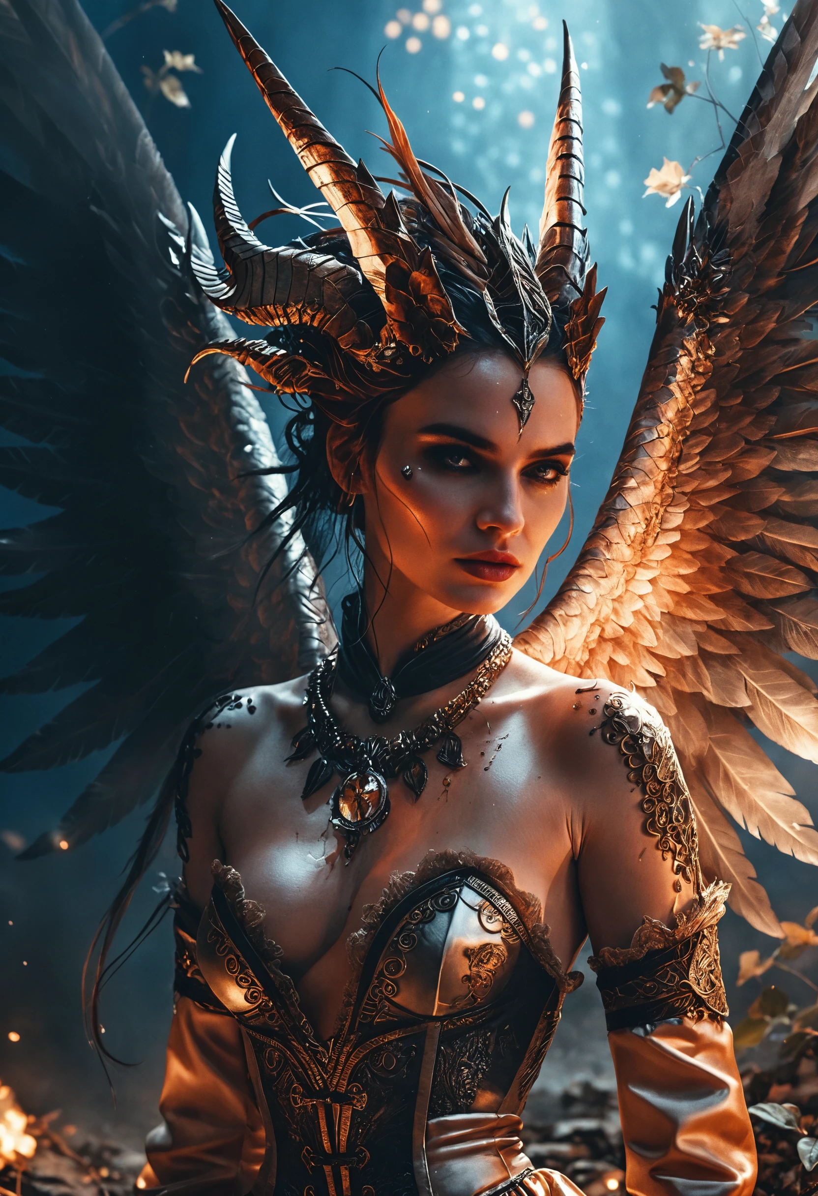 Dark haired fallen angel woman in moonlit shadows