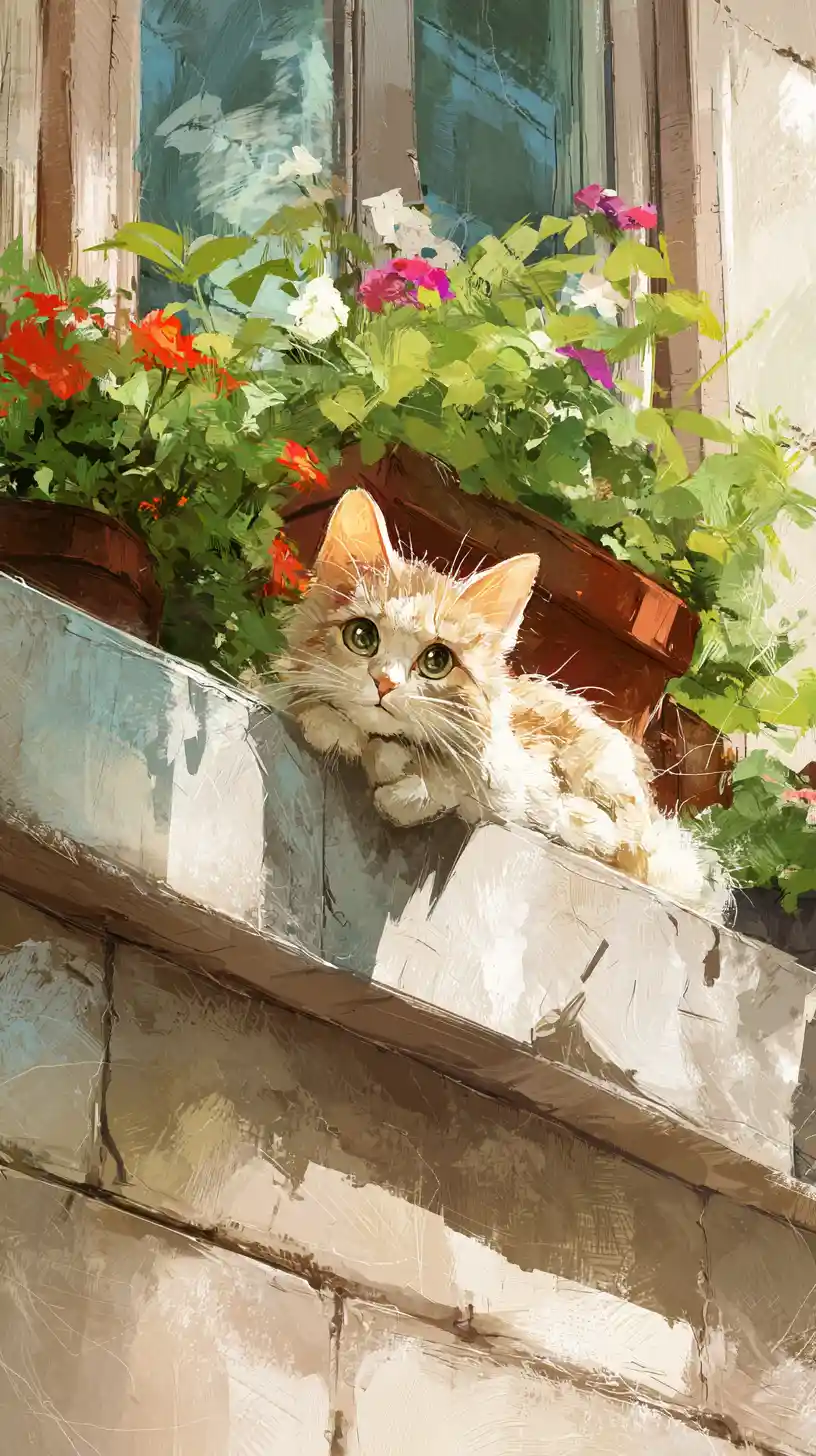 Scruffy Cat Resting On Sunny Window Ledge With Flowers