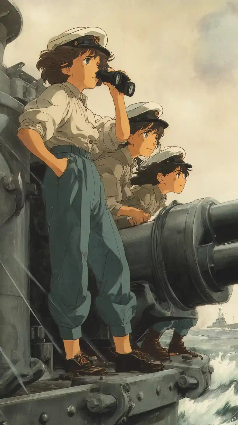 Chicas de anime operando un enorme cañón naval en el mar