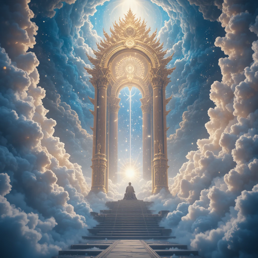 Majestic golden throne rising in the luminous cosmic sky