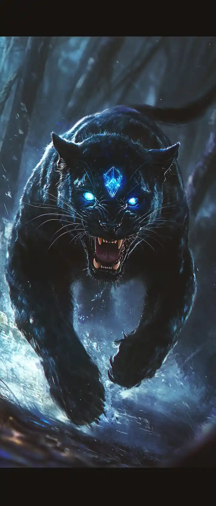 Bioluminescent Panther Snarling In A Moonlit Forest