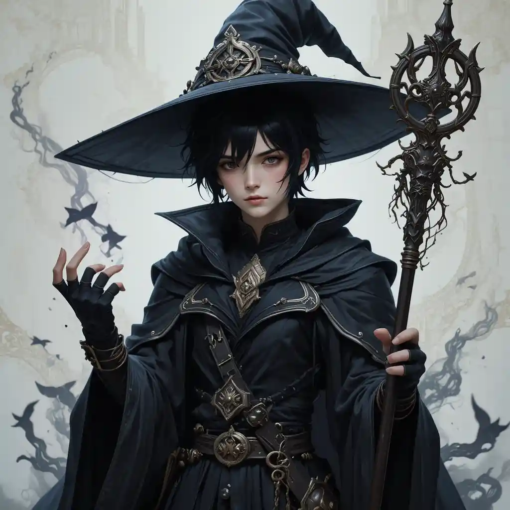 Young dark mage with staff amid glowing magical symbols