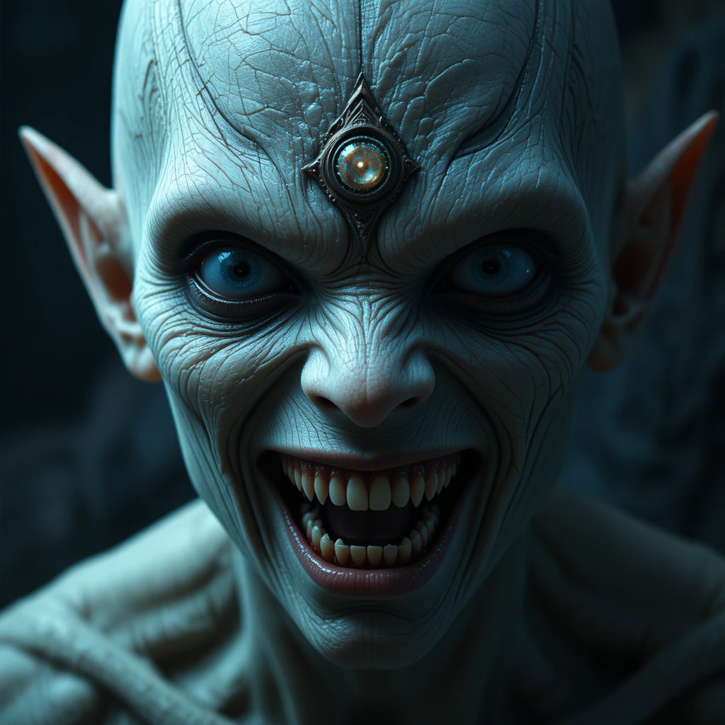 Retrato Aterrador de Monstruo con Tercer Ojo y Amplia Sonrisa