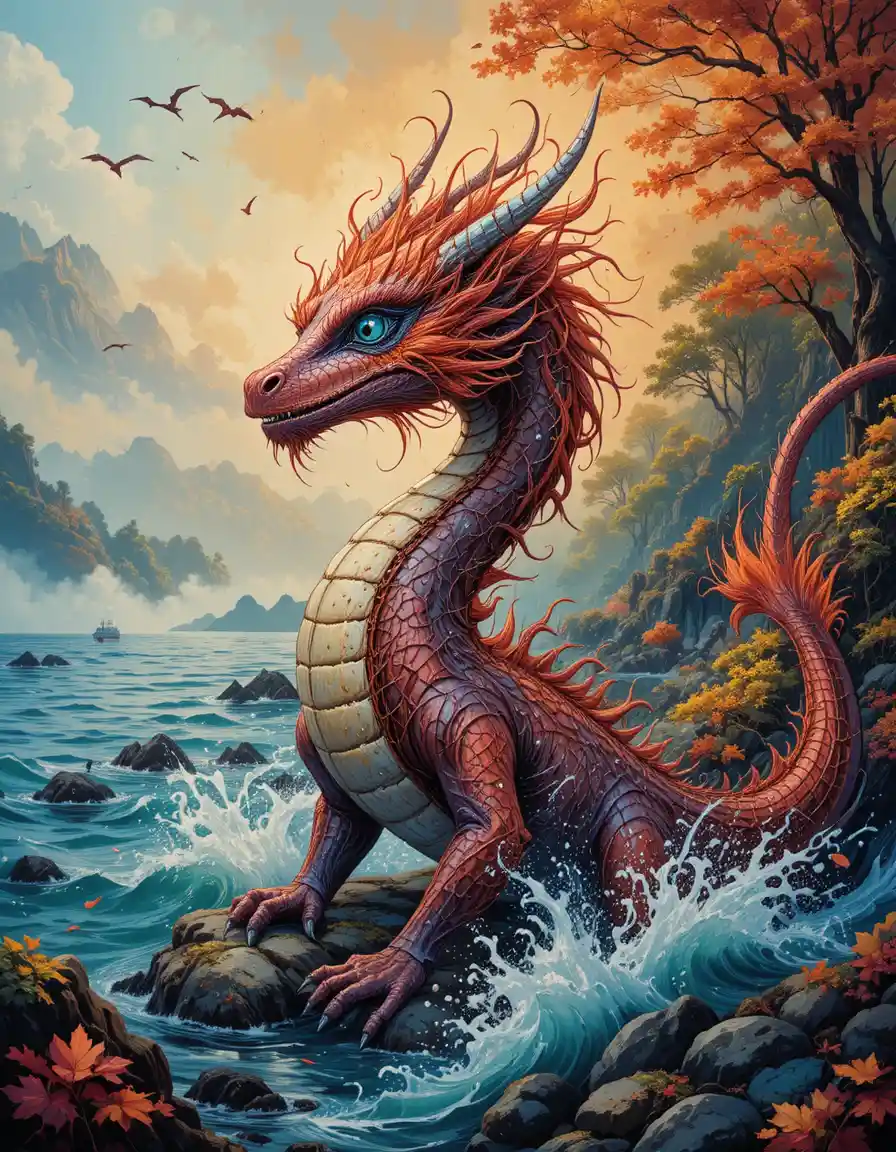Dragon magique joueur vivant heureux au bord de la vaste mer